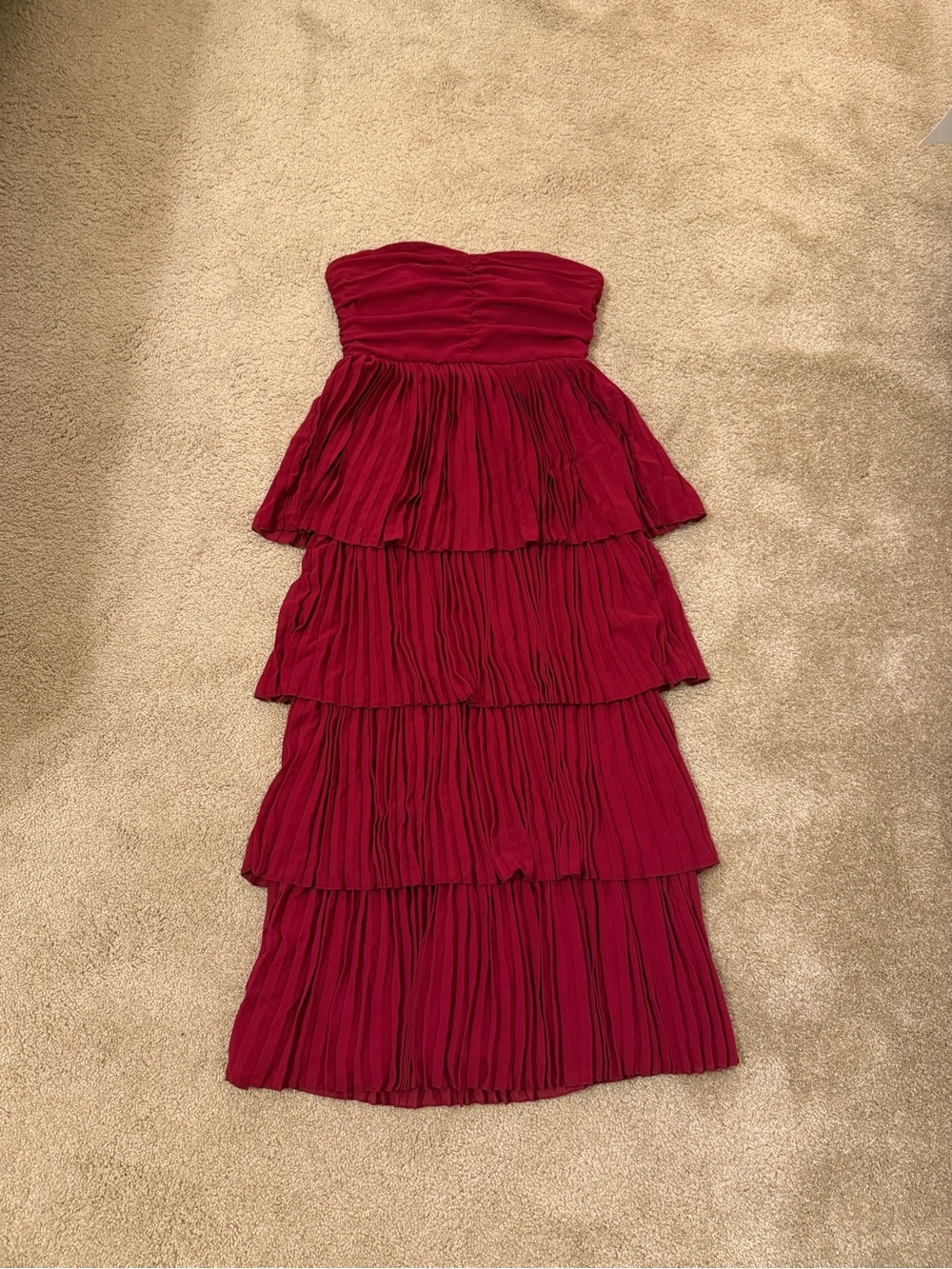 Strapless Tiered Ruffle Dress in Burgandy